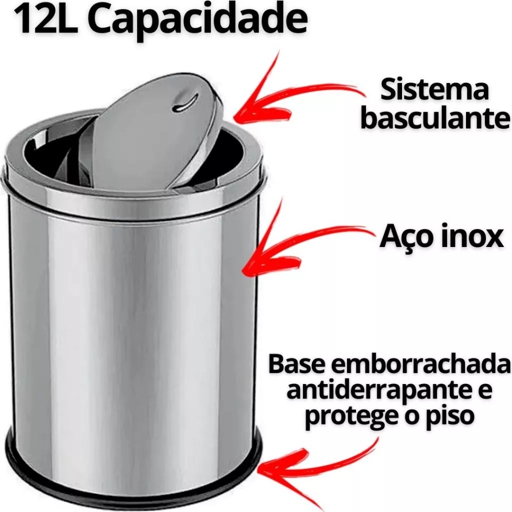 Lixeira Basculante ou Pedal Multiuso Inox 12/5/3 Litros Ideal p/ Banheiro Cozinha Escritório Bar