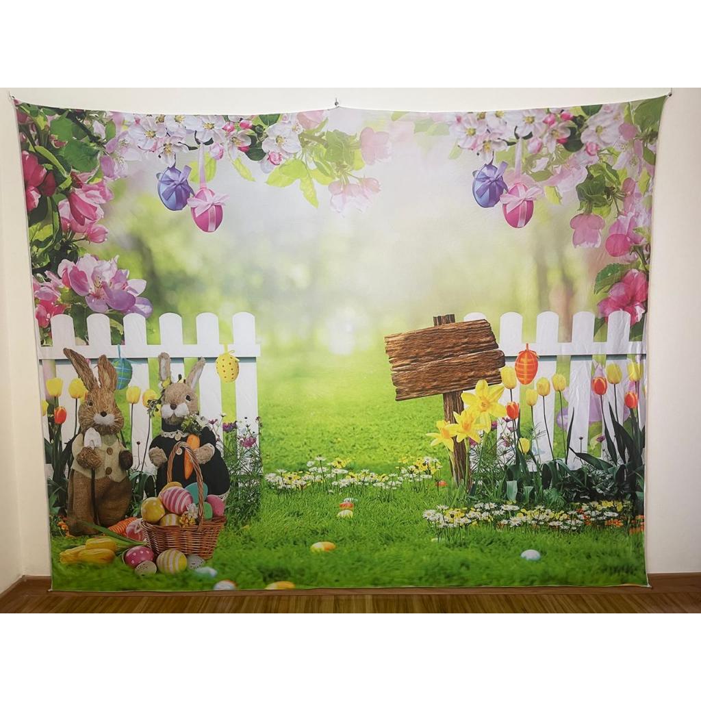 Fundo Fotográfico 2x1,60mts LxA em malha Sublimada Páscoa Jardim com Cerca e Flores