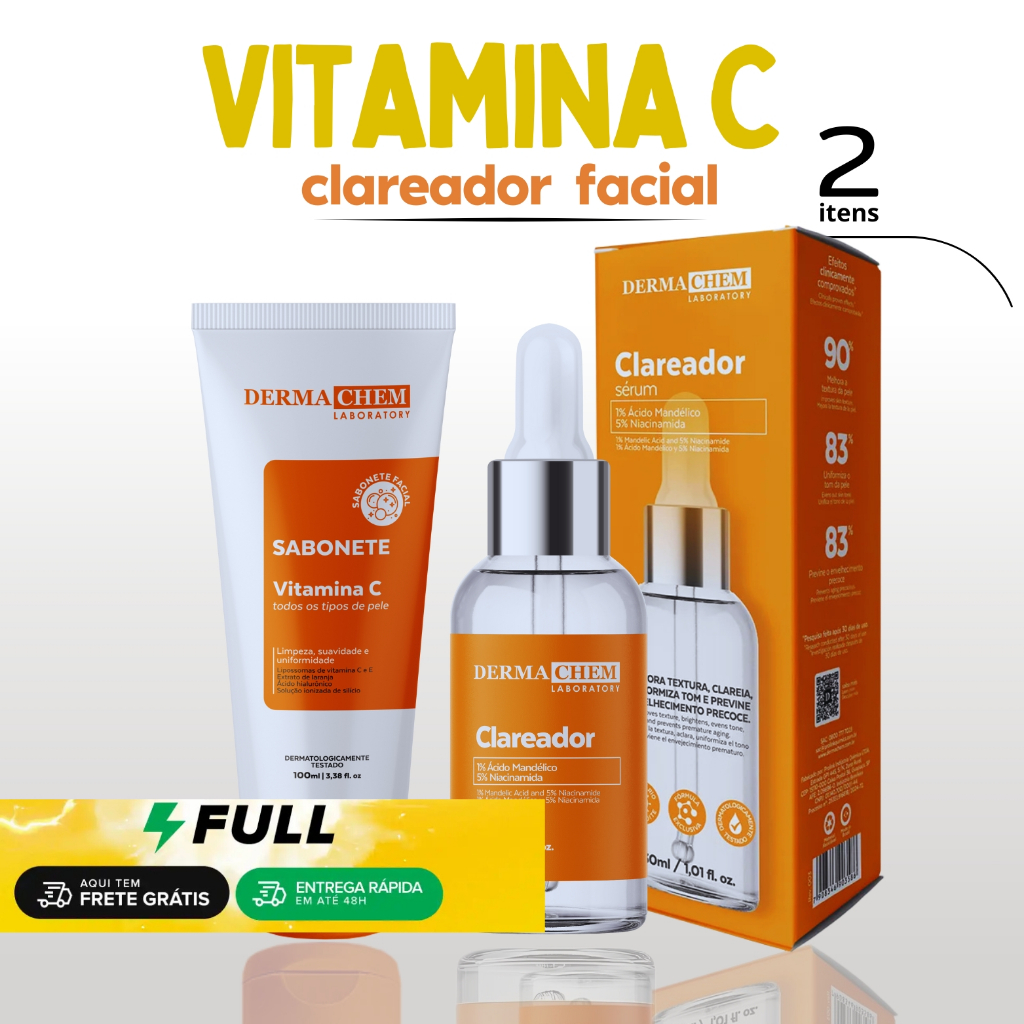 Kit Cuidado Facial Skin Care Clareador com Vitamina C Sérum e Sabonete Dermachem