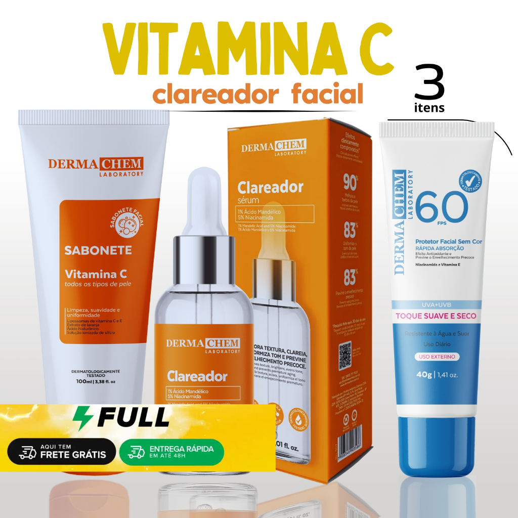 Kit Facial Skin Care Vitamina C Serum Clareador Protetor solar Dermachem Autocuidado Limpeza de Pele