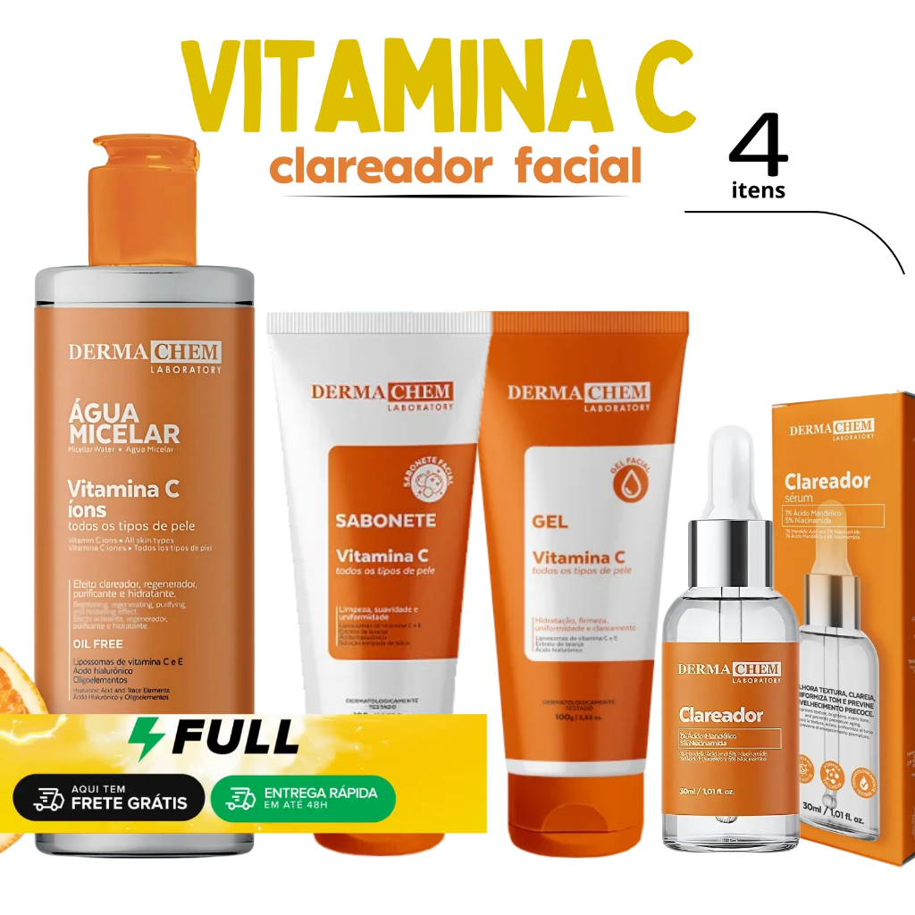 Kit Skin Care Dermachem Vitamina C Limpeza Facial Água Micelar Sabonete  Gel Serum Clareador
