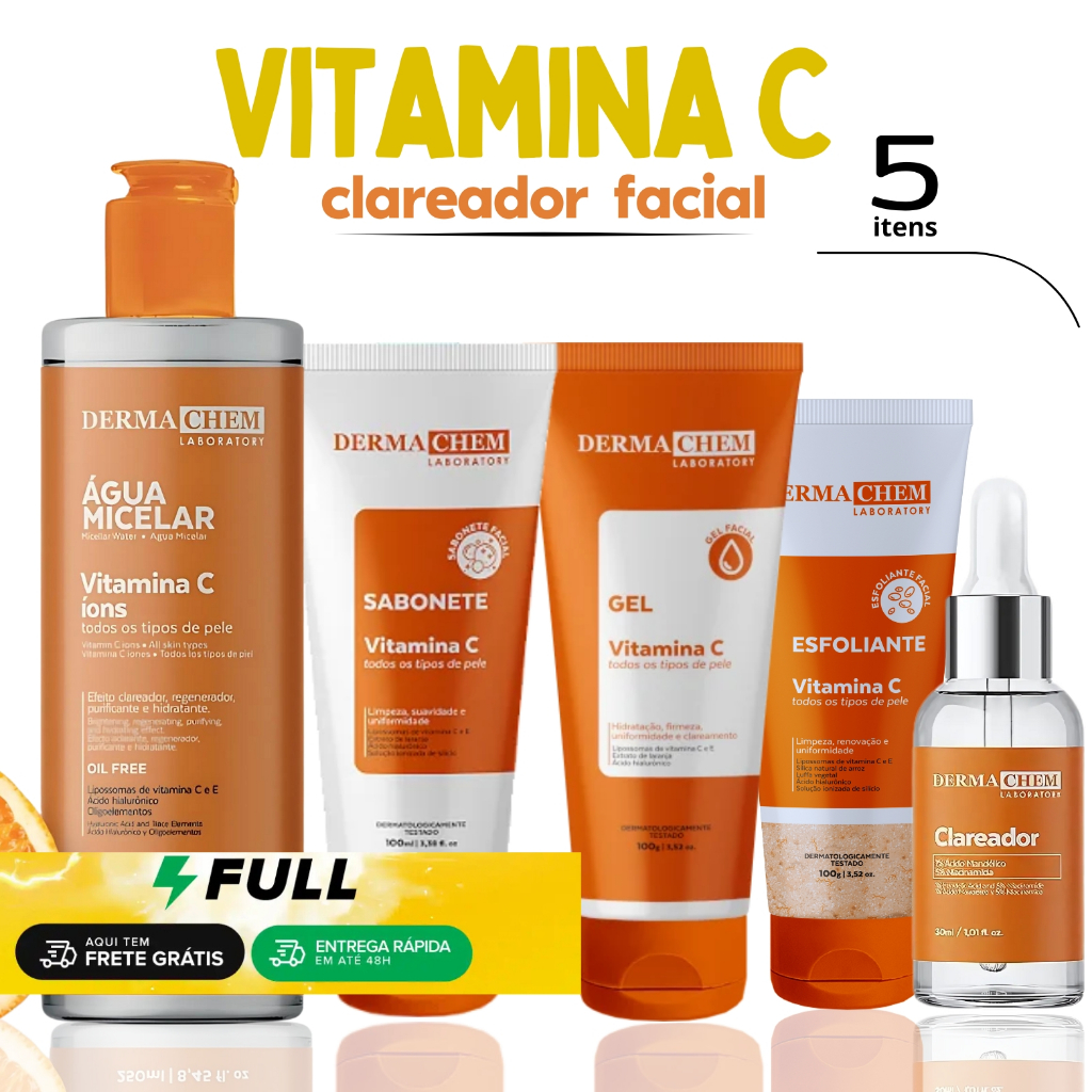 Kit Skin Care Vitamina C Clareador de Pele Dermachem Agua Micelar Sabonete Esfoliante Gel e Serum