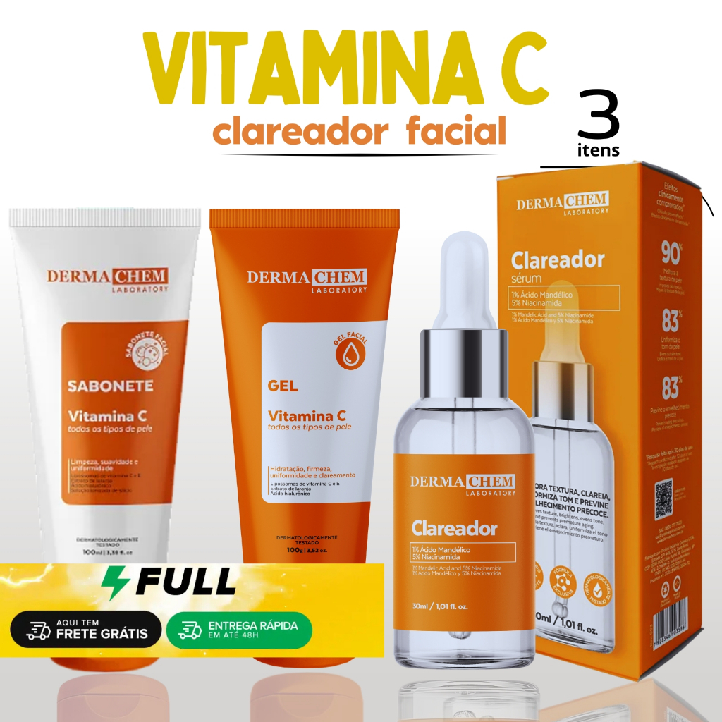 Kit Vitamina C Facial Dermachem Skin Care Sabonete, Gel Anti idade e Serum Clareador Auto Cuidado