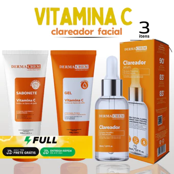 Kit Skin Care Vitamina C Dermachem Clareador Facial Sabonete Gel Sérum Anti-idade
