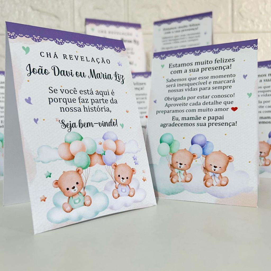 Centro de mesa agradecimento personalizado enfeite plaquinha decoração chá revelação ursinhos verde e lilas chá de bebe
