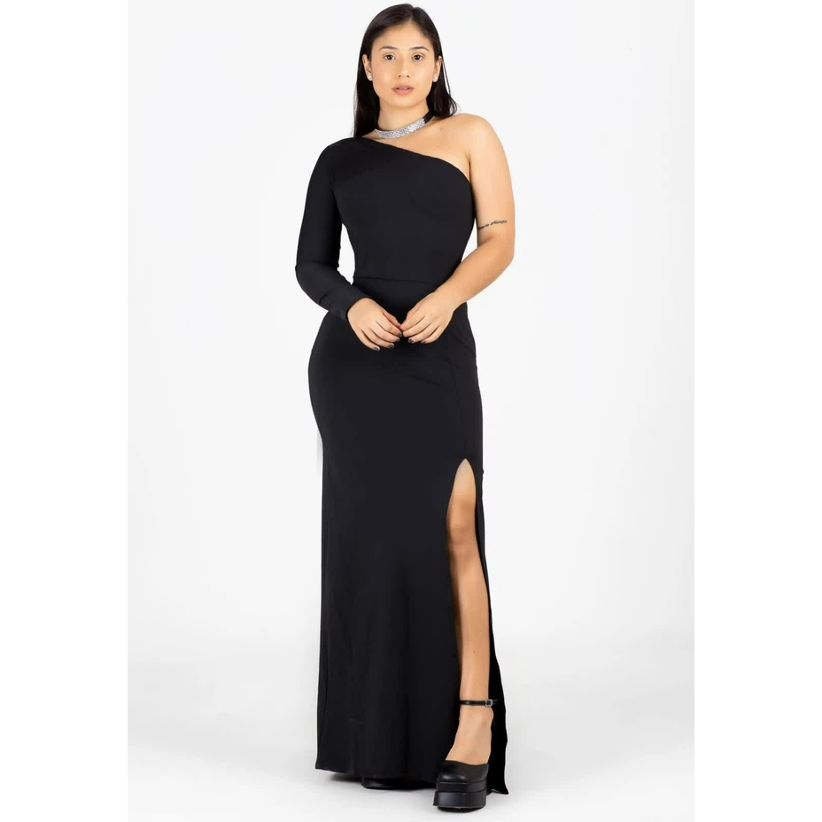 Vestido de Um Ombro, Vestido Pretinho Básico, Vestido Feminino, Vestido Liso, Vestido Elegante.