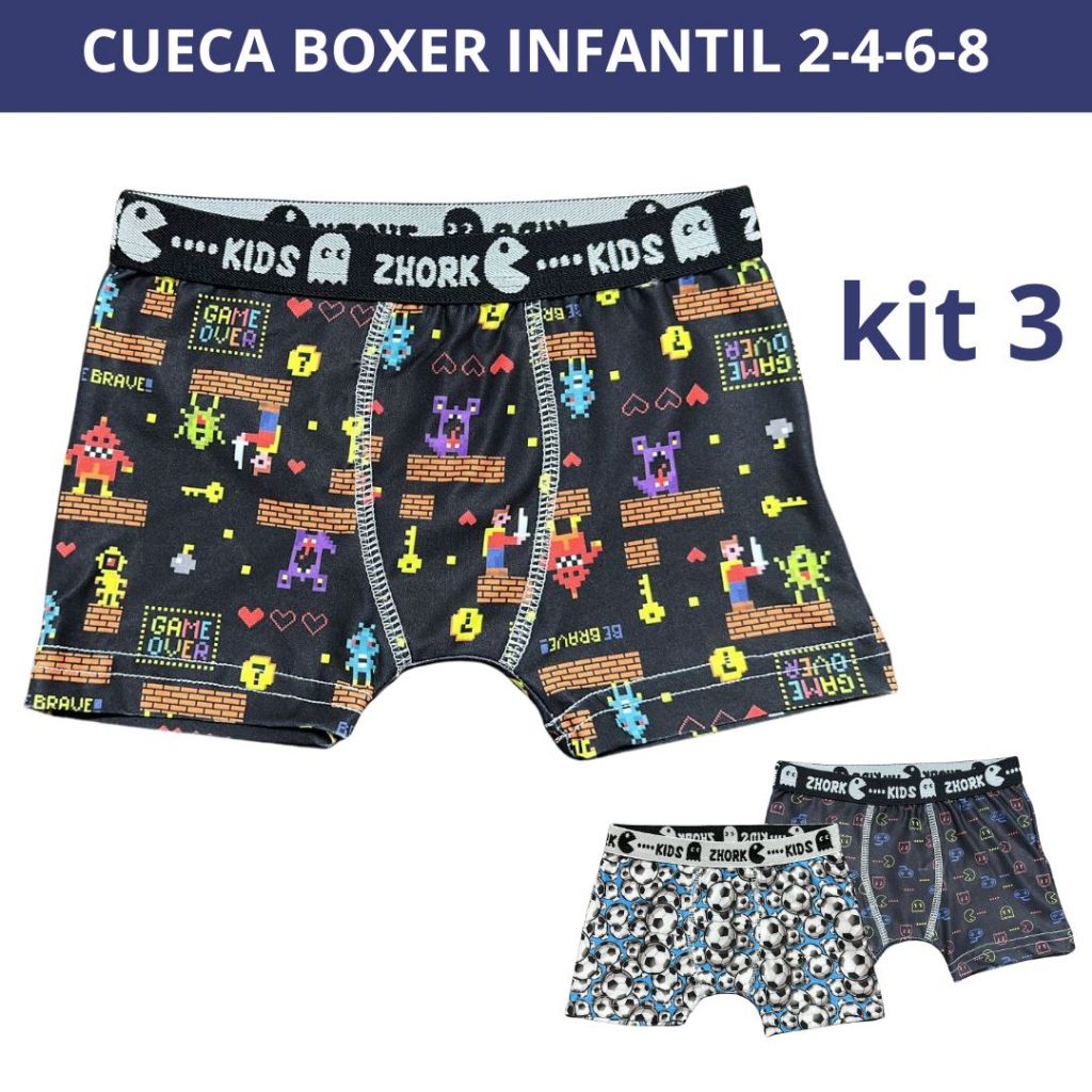 Kit 3 Cuecas Box Microfibra Forro 100% algodão 4 ao 8 Boxer Infantil Estampas Sortidas