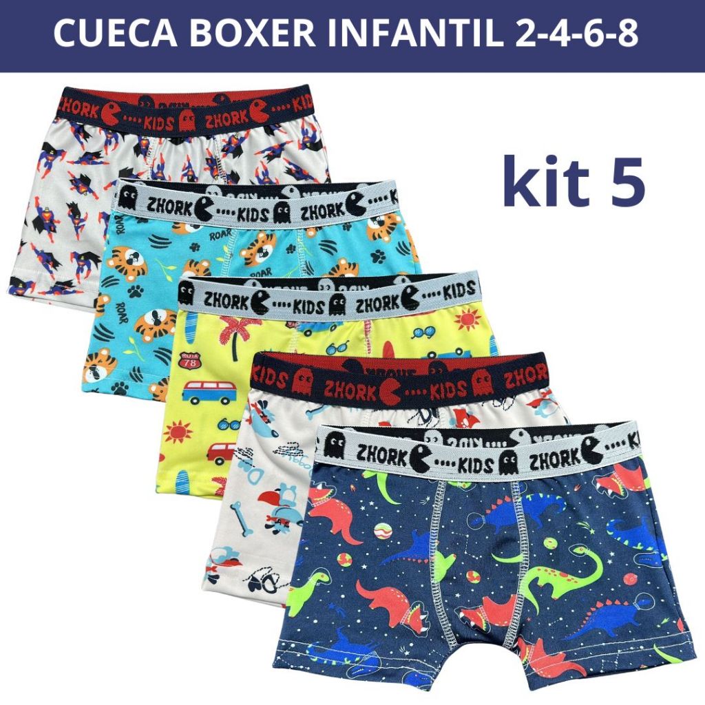 Kit 5 Cuecas Box Microfibra Forro 100% algodão 4 ao 8 Boxer Infantil Estampas Sortidas