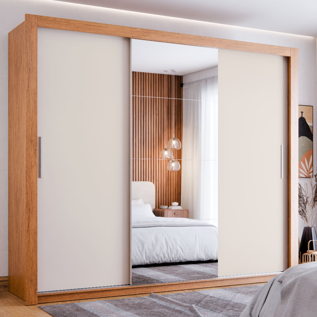 Guarda-Roupa Casal com Espelho 3 Portas de Correr 4 Gavetas Grande e Moderno Maxi Plus em Oferta na Shopee