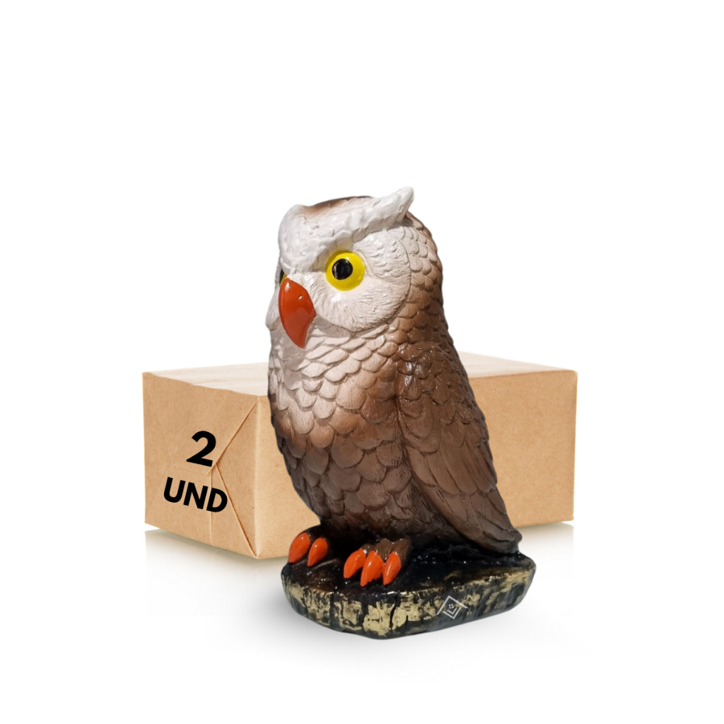 Estatueta Decorativa Espantalho Coruja Repelente Espanta Pombo Pardal Passarinhos Gesso 26 Cm Kit 2 Peças
