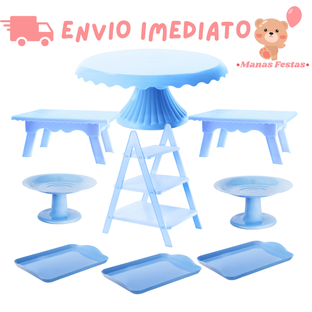 Kit Decoração Perfeita 2.0 com Boleira Cake Renda 22cm + 2 Mesinhas + 3 Bandejas 20x13 + 2 Mini Cake + 1 Escadinha em Oferta na Shopee