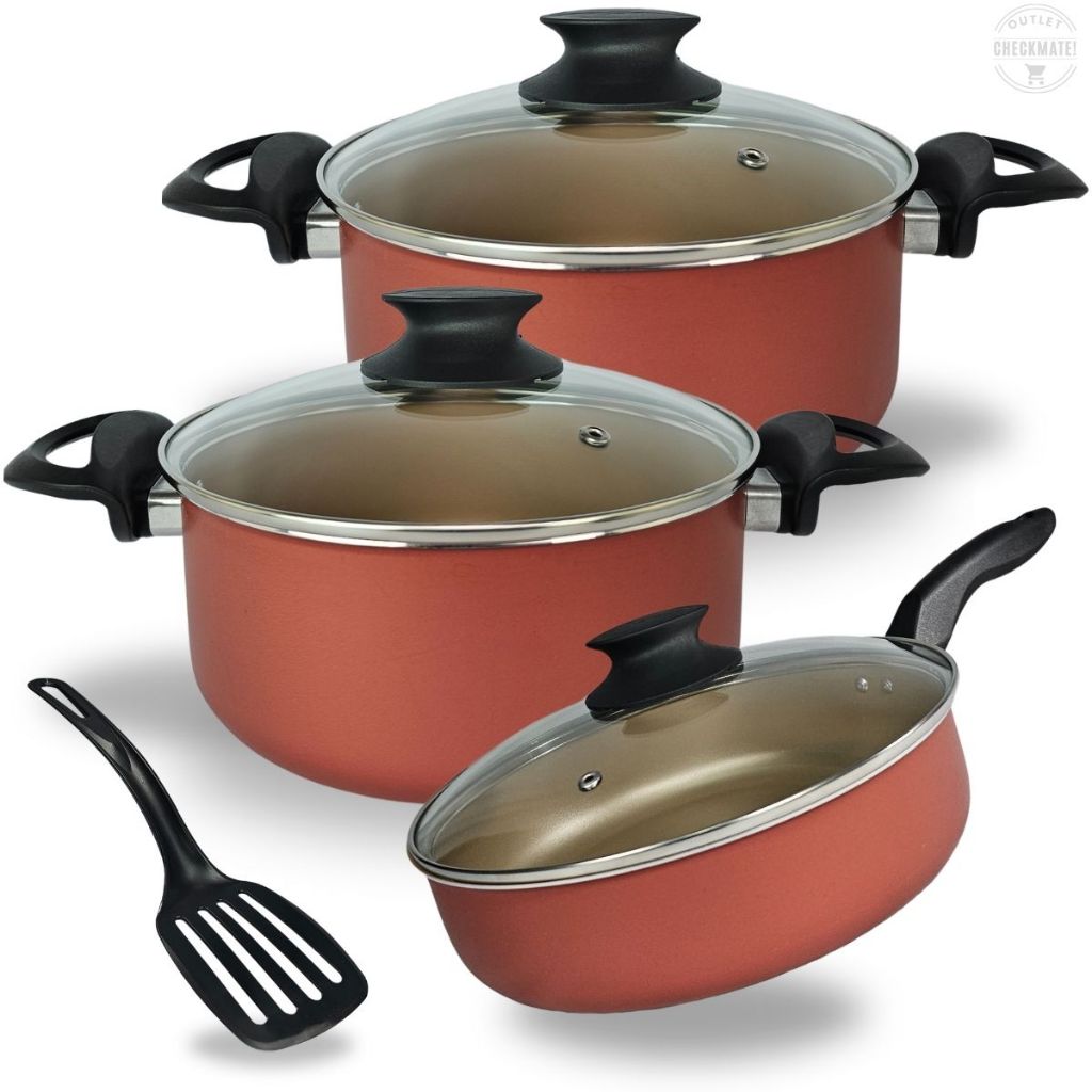Kit Panelas Caçarolas TAMANHO GRANDE 22 e 24 cm e Frigideira Alta 24 cm Antiaderente Cor Cereja e Dourado em Oferta na Shopee