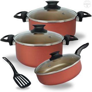 Kit Panelas Caçarolas TAMANHO GRANDE 22 e 24 cm e Frigideira Alta 24 cm Antiaderente Cor Cereja e Dourado em Oferta na Shopee