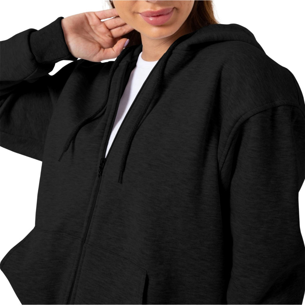 Blusa Moletom Feminina de Zíper Com Capuz e Bolso Canguru 2 Cores Estilo Casual Liso