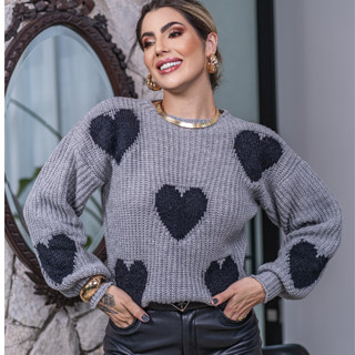 Blusa de Coração com Pelinho Tricô Lã Fang Manga Bufante Feminina Oversize Inverno Frio La...