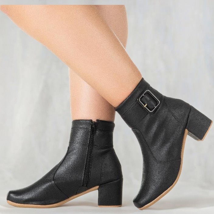 Bota Feminina Coturno Feminino Salto Médio Bloco Bico Quadrado Cano Curto Confortável Moda
