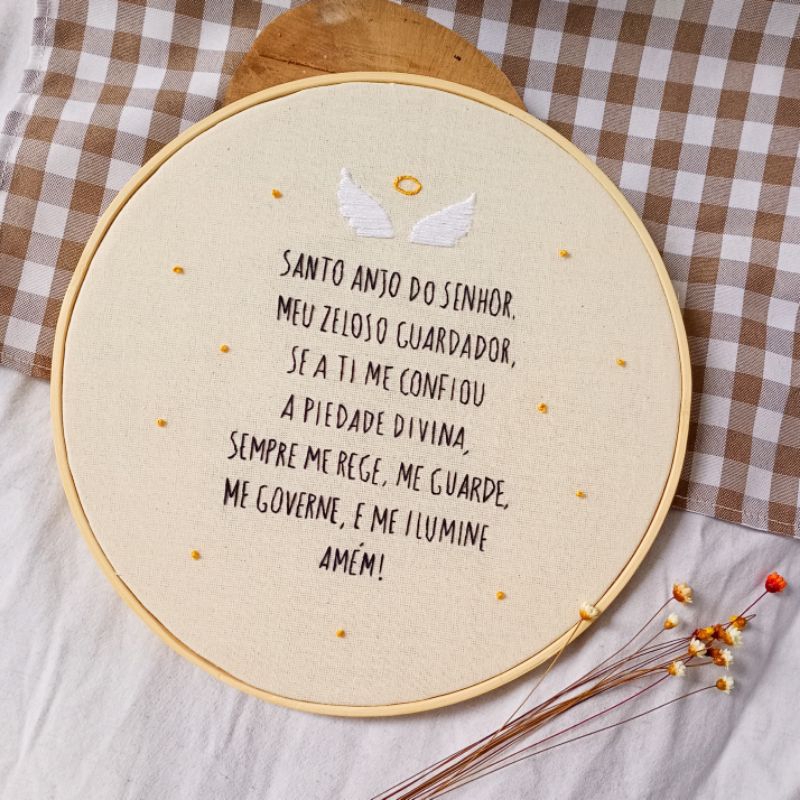 Quadro Oração do Santo Anjo Bordado Bastidor Decoração Baby