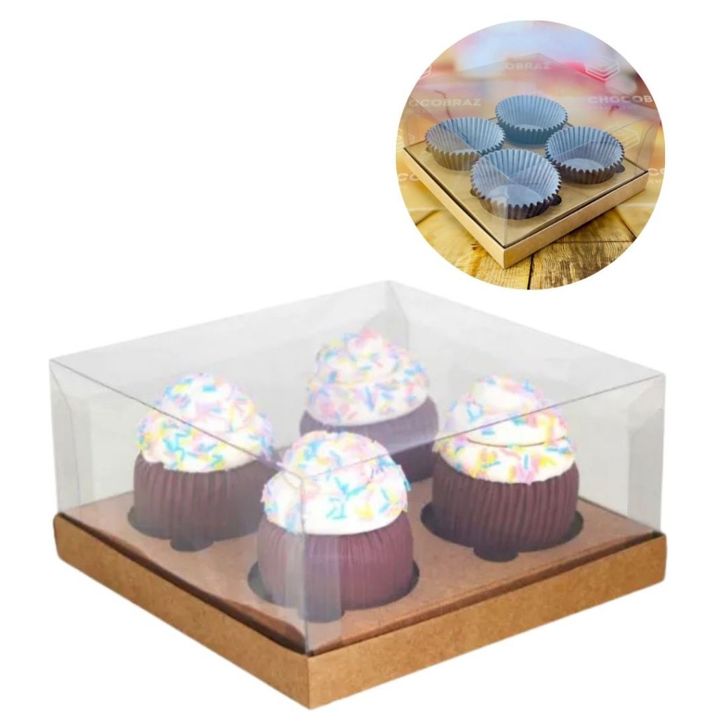 10~40 CAIXA C/TAMPA TRANSPARENTE P/4 CUPCAKE KRAFT -1668 ( IDEIA )