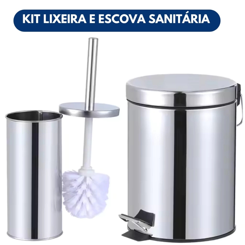 Kit Banheiro Lixeira Inox Com Pedal E Tampa 3 Litros  + Escova Sanitária Em Aço Para Limpeza