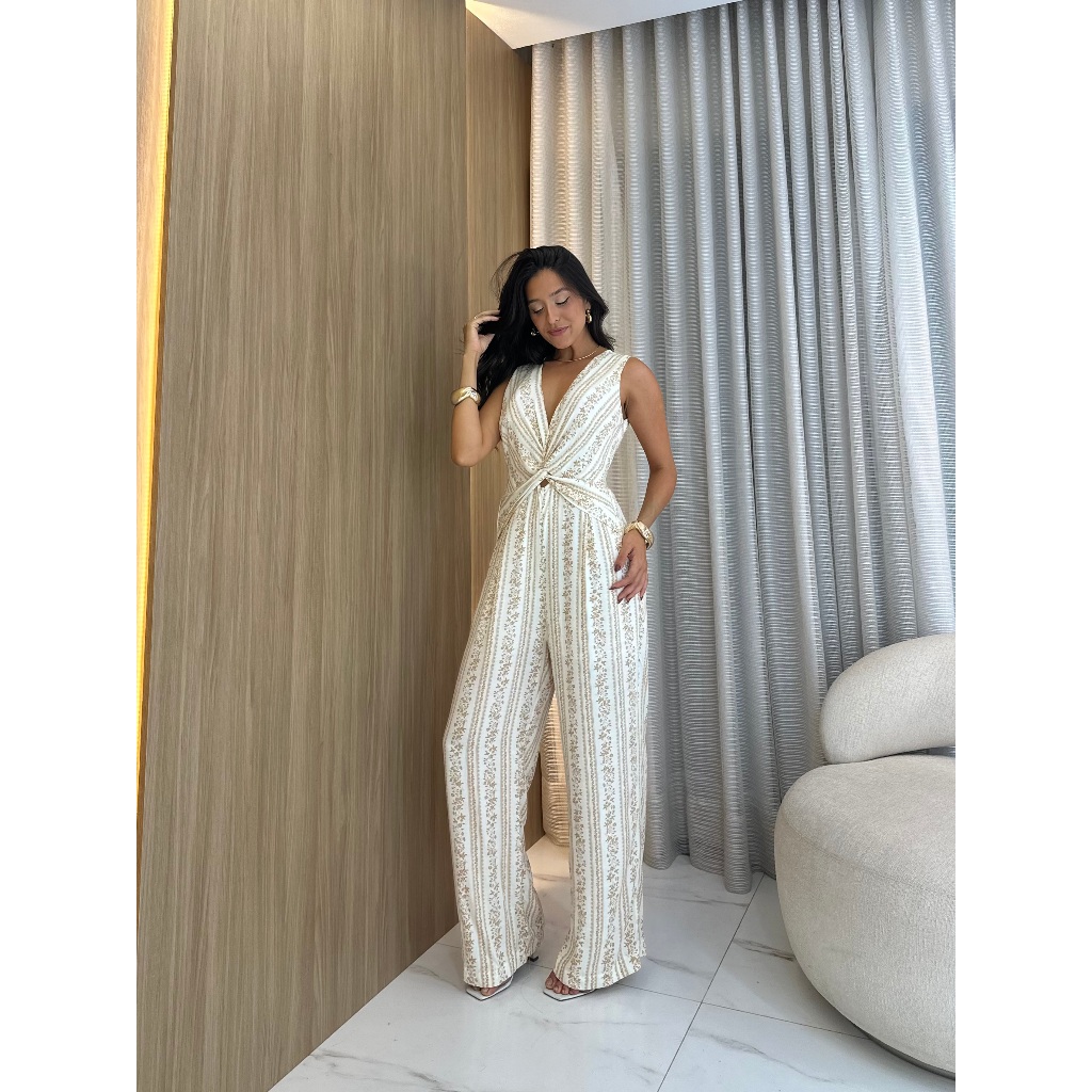 Macacão Feminino Estampado Flor Decote V Elástico na Cintura COD:204-Flor em Oferta na Shopee