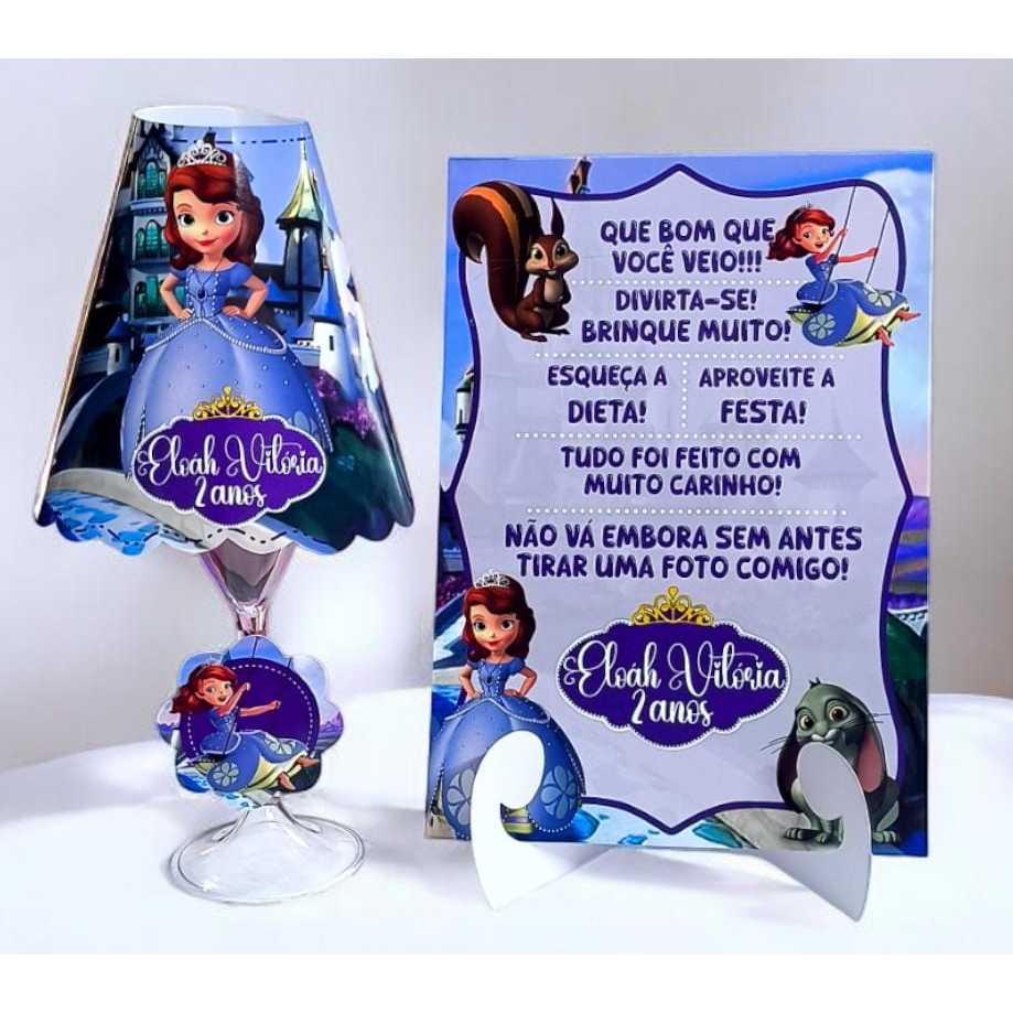 Kit Festa Abajur + Plaquinha Personalizada Tema Princesa Sofia Centro De Mesa | Lembrancinha