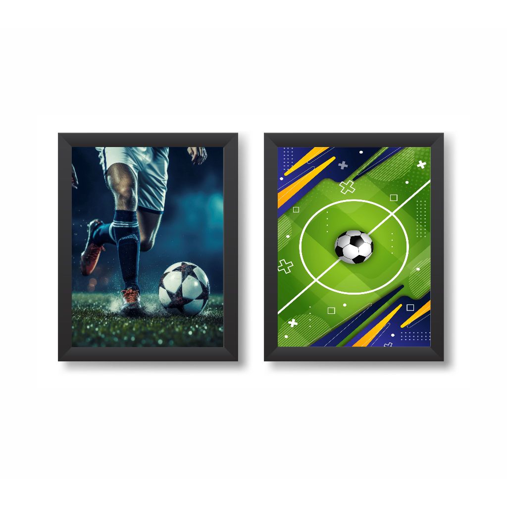 Kit 2 Quadros Decorativos Futebol Bola Chuteira Jogadores Decoração Esporte Molduras 20x30cm Madeira