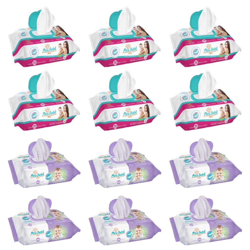 Toalha Umedecida Meu Bebê 1200 Folhas Misto (6X100 Ultra e 6X100 Soft) em Oferta na Shopee
