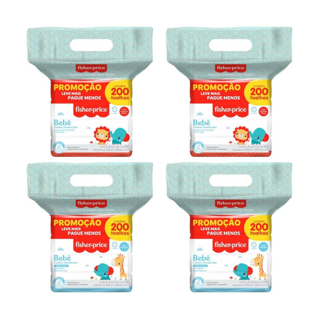 Toalha Umedecida Fisher Price 800 Folhas Misto (2X200 Sem Perfume e 2X200 Com Perfume)