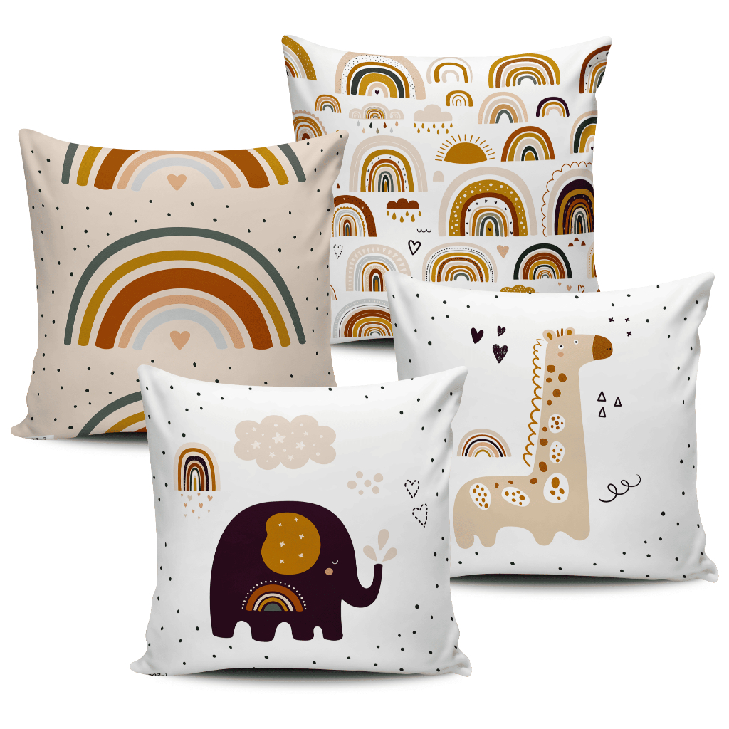 Kit Com 4 Capas Almofadas Infantil Arco Iris 45x45cm Bege