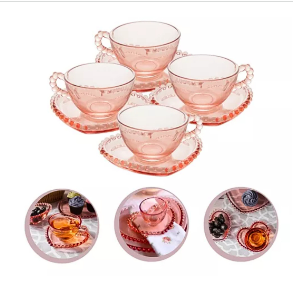 Conjunto 4 Xícaras Chá e Café 180 ml Wolff Cristal Ecológico Pires Coração Pearl Rosa