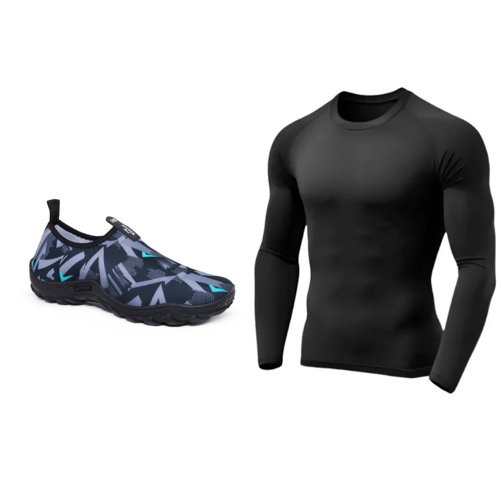 Kit Camisa Pesca Masculina Manga Longa UV Tenis Sapatilha Aquática Hibrido Neoprene Náutica Praia