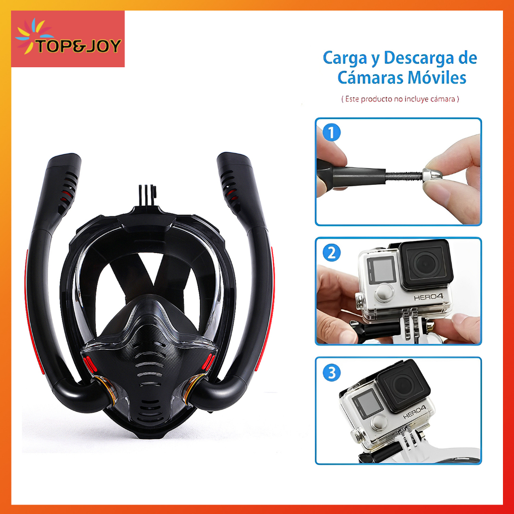 Máscara de Mergulho de Silicone de Tubo Duplo Full Face com Suporte para GoPro (Preto) - Máscara Respiratória de Natação
