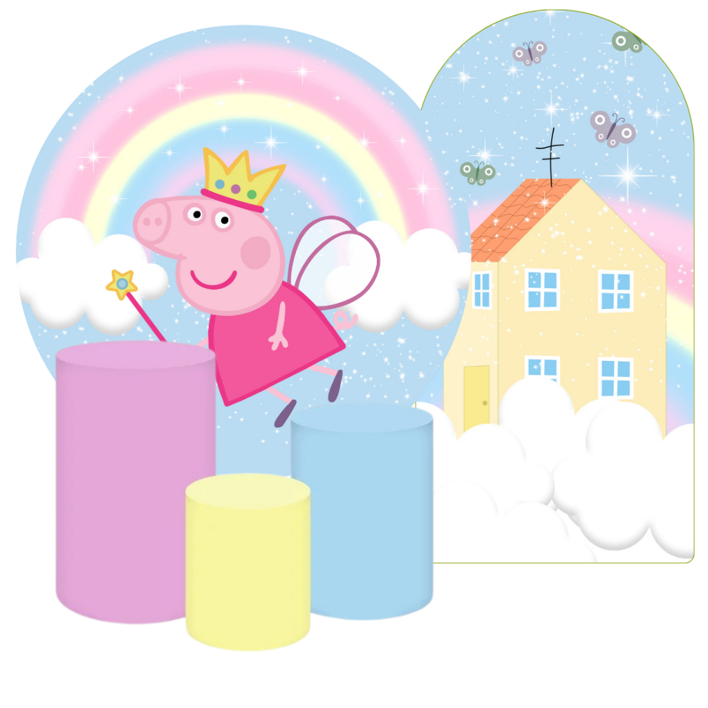 Kit Painel Redondo 1,50m + Painel Romano 2x1 + 3 Cilindros Peppa Pig Sublimados Festa Infantil Premium