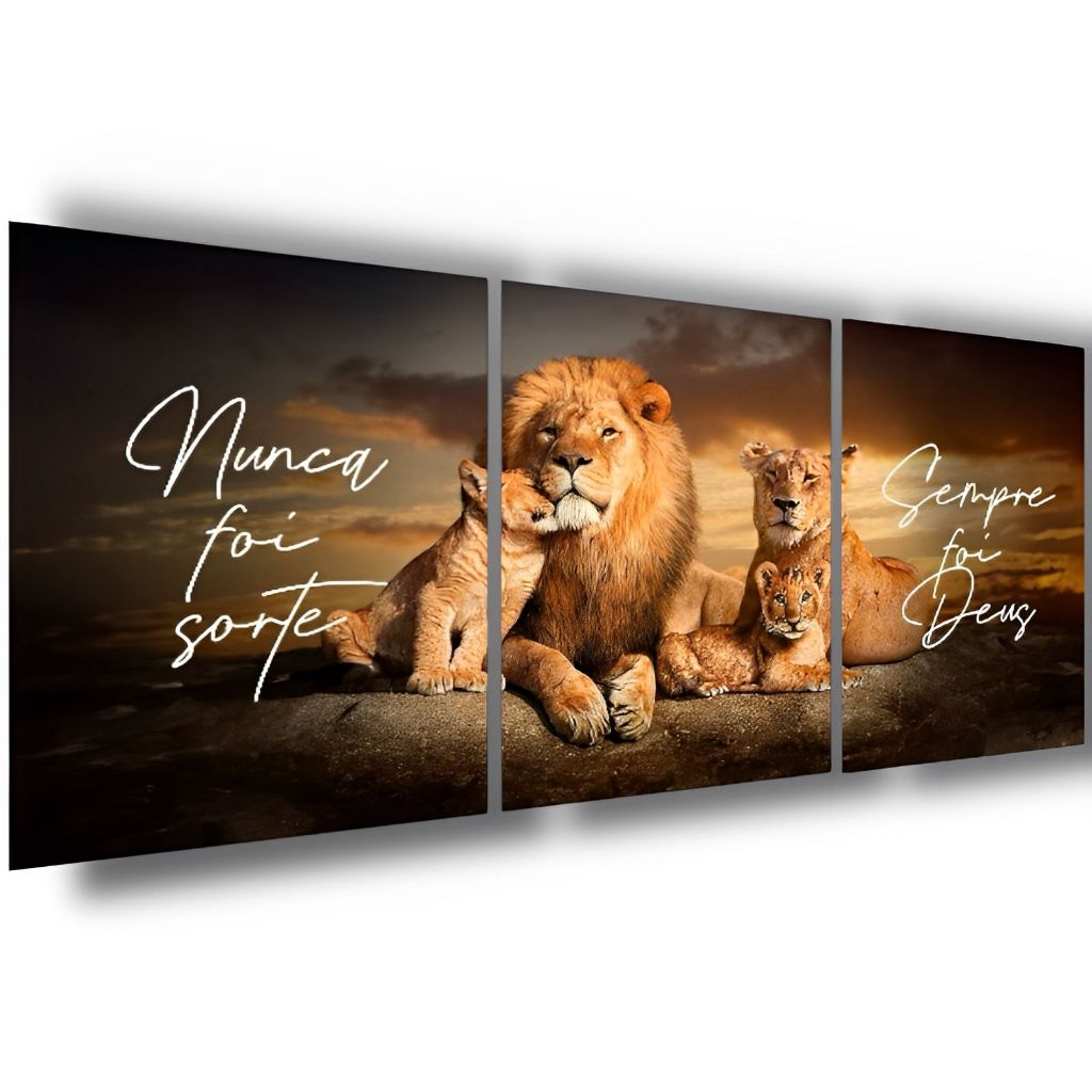 Quadro Decorativo 122x60 Grande Sala Quarto Cozinha Família de Leão Nunca Foi Sorte Sempre Foi Deus