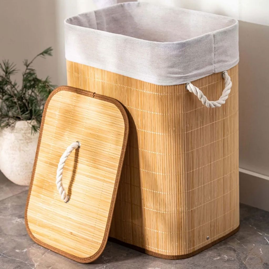 Cesto de Roupa Suja em Bambu com Tampa e Alças 50 Litros Multiuso — foto 6