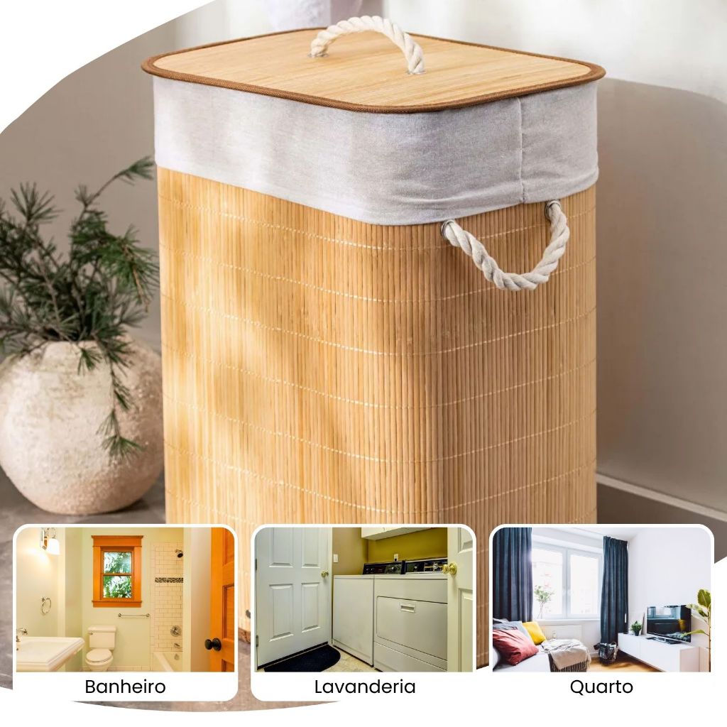 Cesto de Roupa Suja em Bambu com Tampa e Alças 50 Litros Multiuso — foto 4