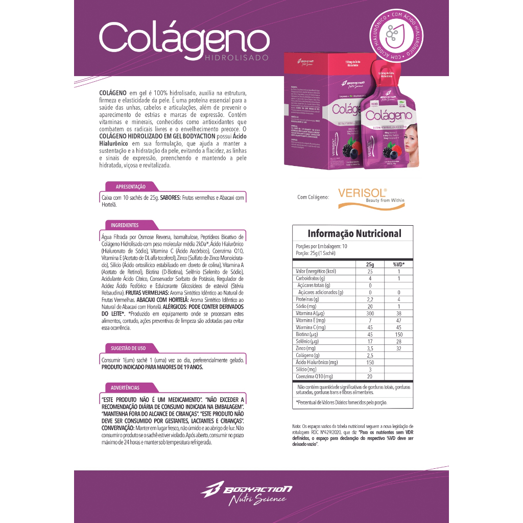 Detalhes do Kit 3x Colágeno Verisol Ácido Hialurônico Gel - Total 30 Sachês Bodyaction