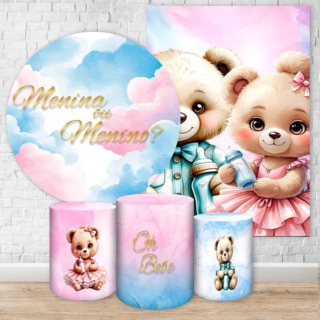 Capas de Painéis, cilindros e Kits completos Sublimados para Festa Tema Ursinhos Chá Revelação