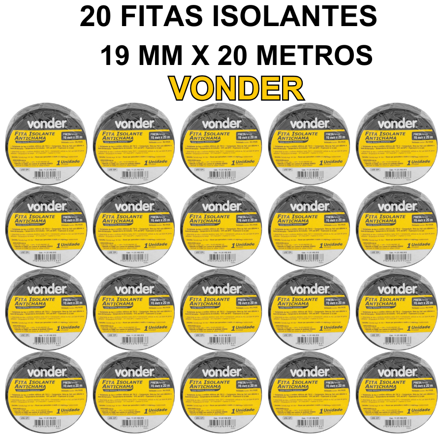 20 Fitas Isolantes 19 mm x 20 Metros Preta Vonder Anti Chama em Oferta na Shopee