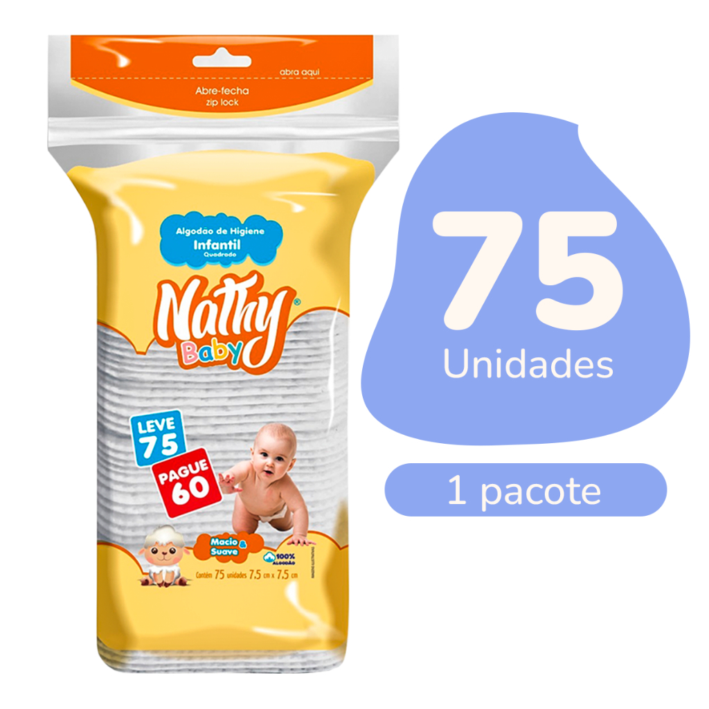 Algodão Quadrado 75g Macio e Suave de Higiene Infantil Nathy Baby