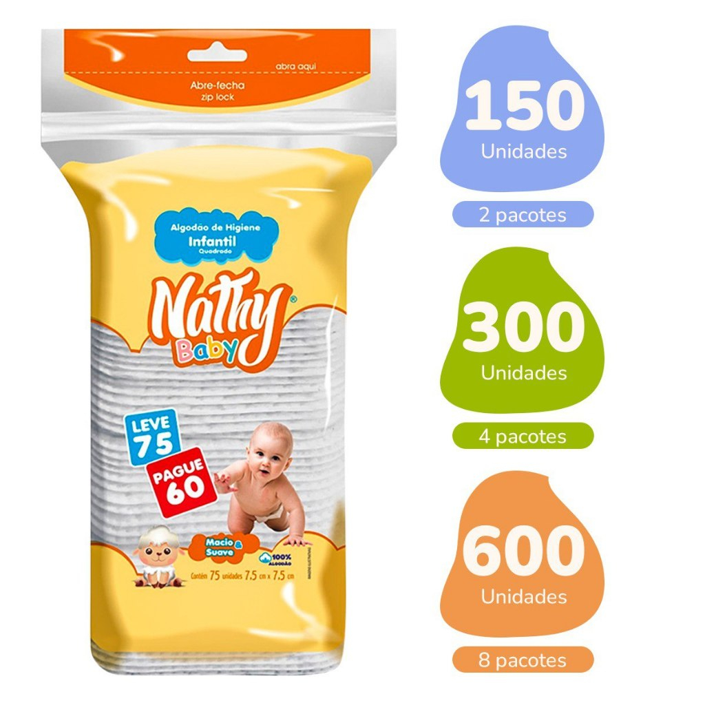 Kit 150/300/600 Un. Algodão Quadrado 75g Macio e Suave de Higiene Infantil Nathy Baby