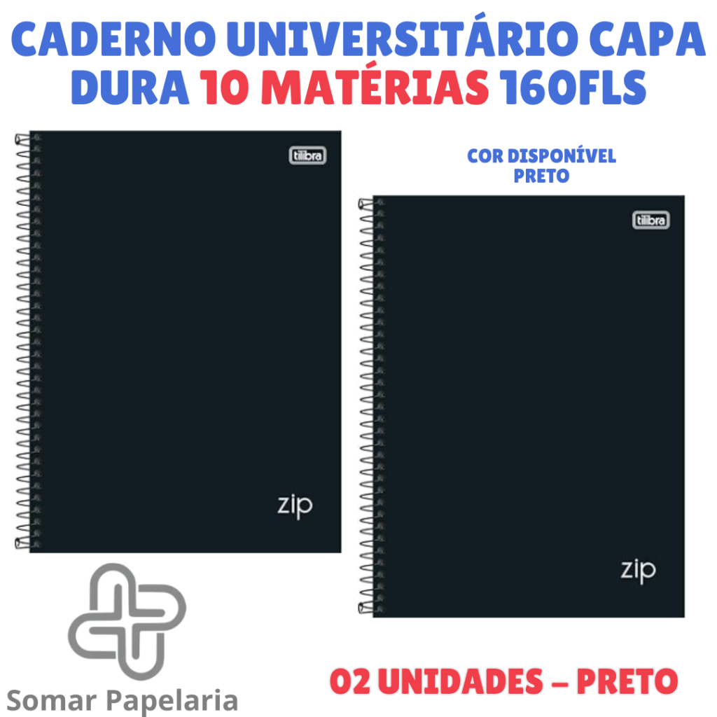 Caderno Universitário 10 Matérias Zip Preto 160 Folhas (1, 2, 3 e 4 Und) - Tilibra
