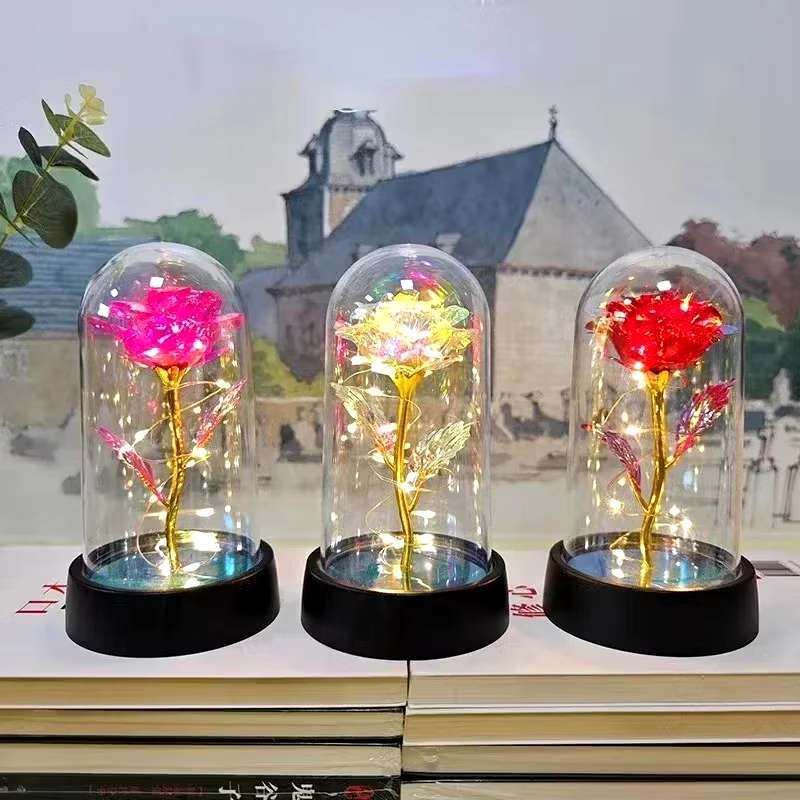 Rosa Encantada com Luz LED – Flor Eterna Artificial Decorativa em Cúpula de Acrílico