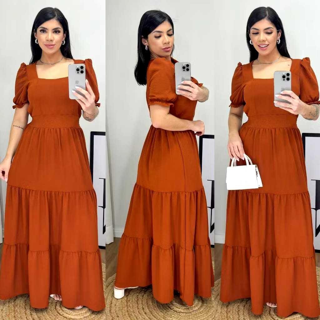 Vestido Longo Feminino Liso Com Bojo e Elastex atrás na cintura / Gola Quadrada em Oferta na Shopee