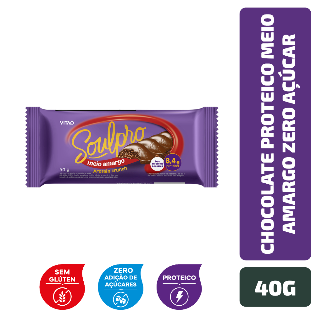 Chocolate Proteico Meio Amargo Zero Açúcar Soulpro 40G - Food & Beverages