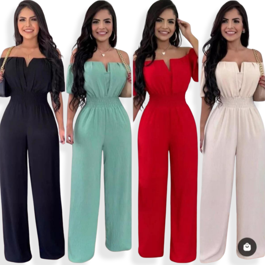 Macacão Longo Feminino: Tecido Duna, Cintura Marcada e Decote V - Tendência 2025 em Oferta na Shopee