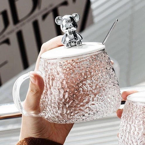 Caneca De Vidro Teddy Bear 400ml Com Tampa E Colher Para Sucos De Chá Café em Oferta na Shopee