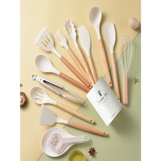 Kit  De Utensílios Cozinha 12 Peças Jogo  Cabo Madeira E Silicone em Oferta na Shopee
