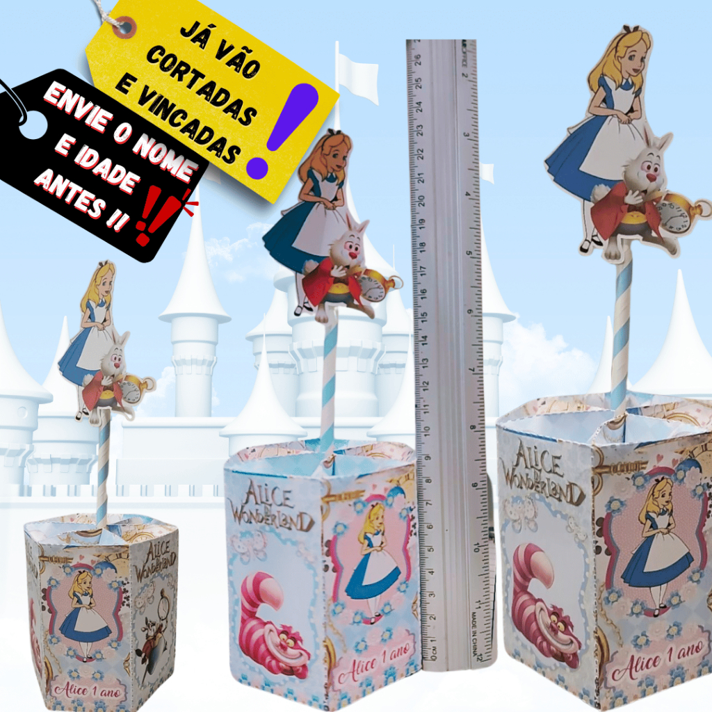 Kit 10 Caixinhas Sextavada Centro de Mesa Alice no pais das maravilhas Personalizadas
