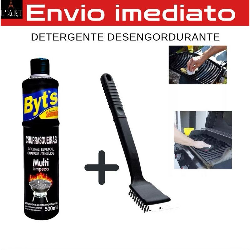 kIt Escova Limpa Grelha de Churrasqueira Com Raspador Cerdas de Aço + Byts Limpa Grelha 500ML Detergente